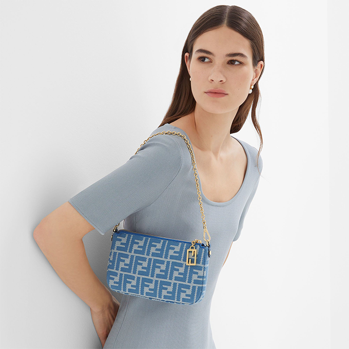 fendi baguette denim ff jacquard zipper pouch handbag